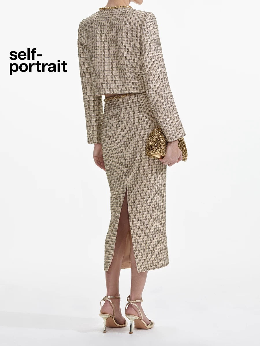 Self-Portrait SALE Golden woven tweed half length skirt
