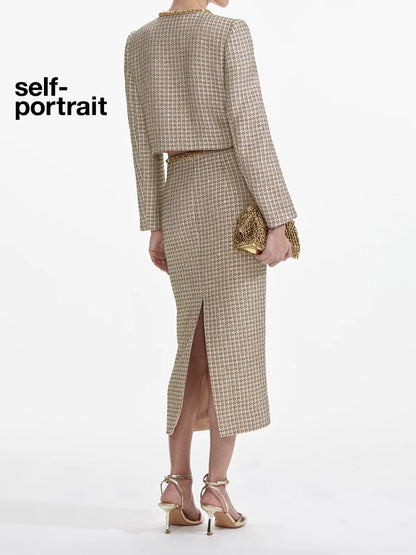 Self-Portrait SALE Golden woven tweed half length skirt