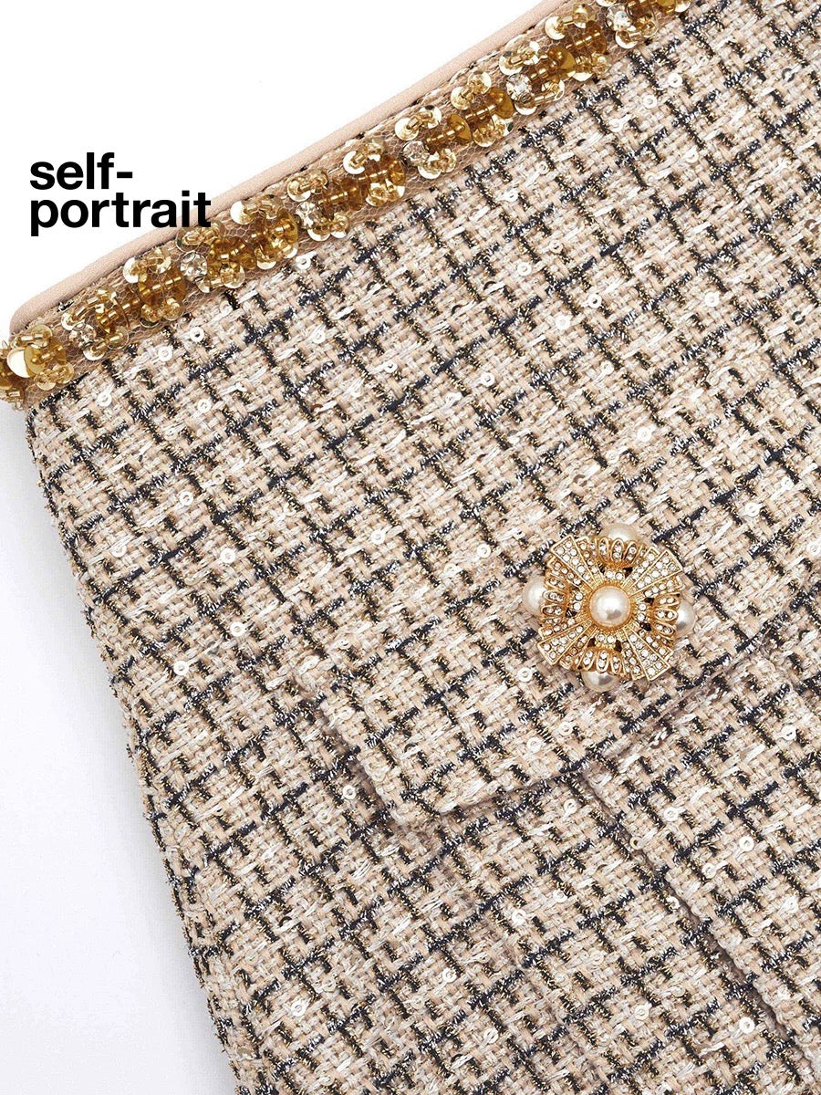 Self-Portrait SALE Golden woven tweed half length skirt