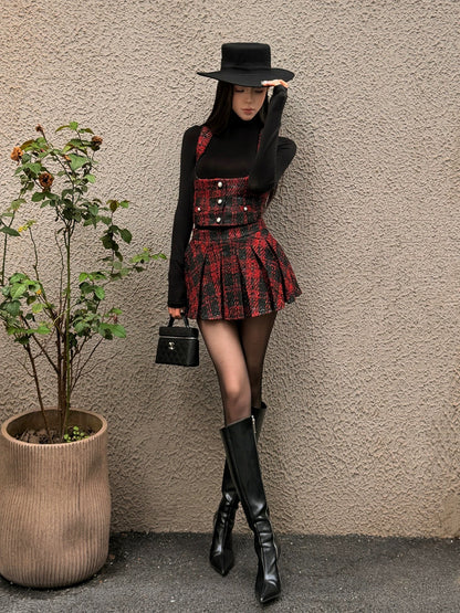 FIND YA WINGS Mixed color retro tweed vest + pleated skirt set