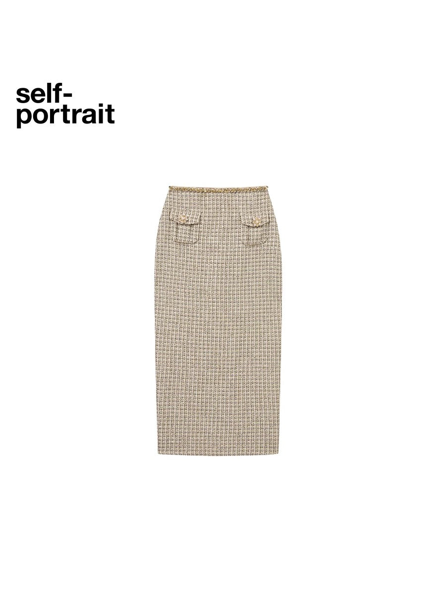 Self-Portrait SALE Golden woven tweed half length skirt