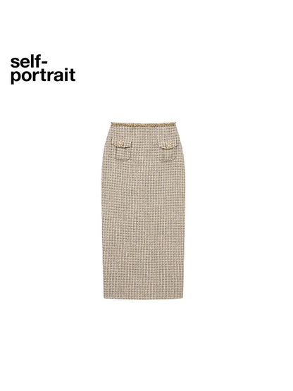 Self-Portrait SALE Golden woven tweed half length skirt