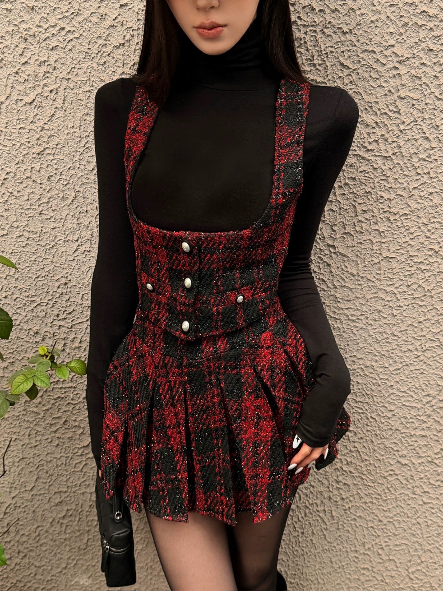 FIND YA WINGS Mixed color retro tweed vest + pleated skirt set