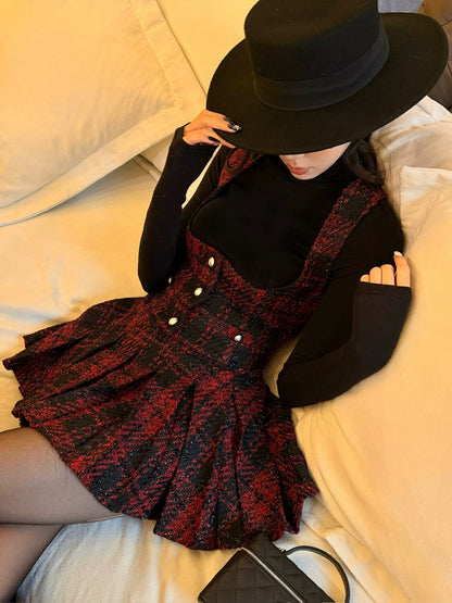 FIND YA WINGS Mixed color retro tweed vest + pleated skirt set