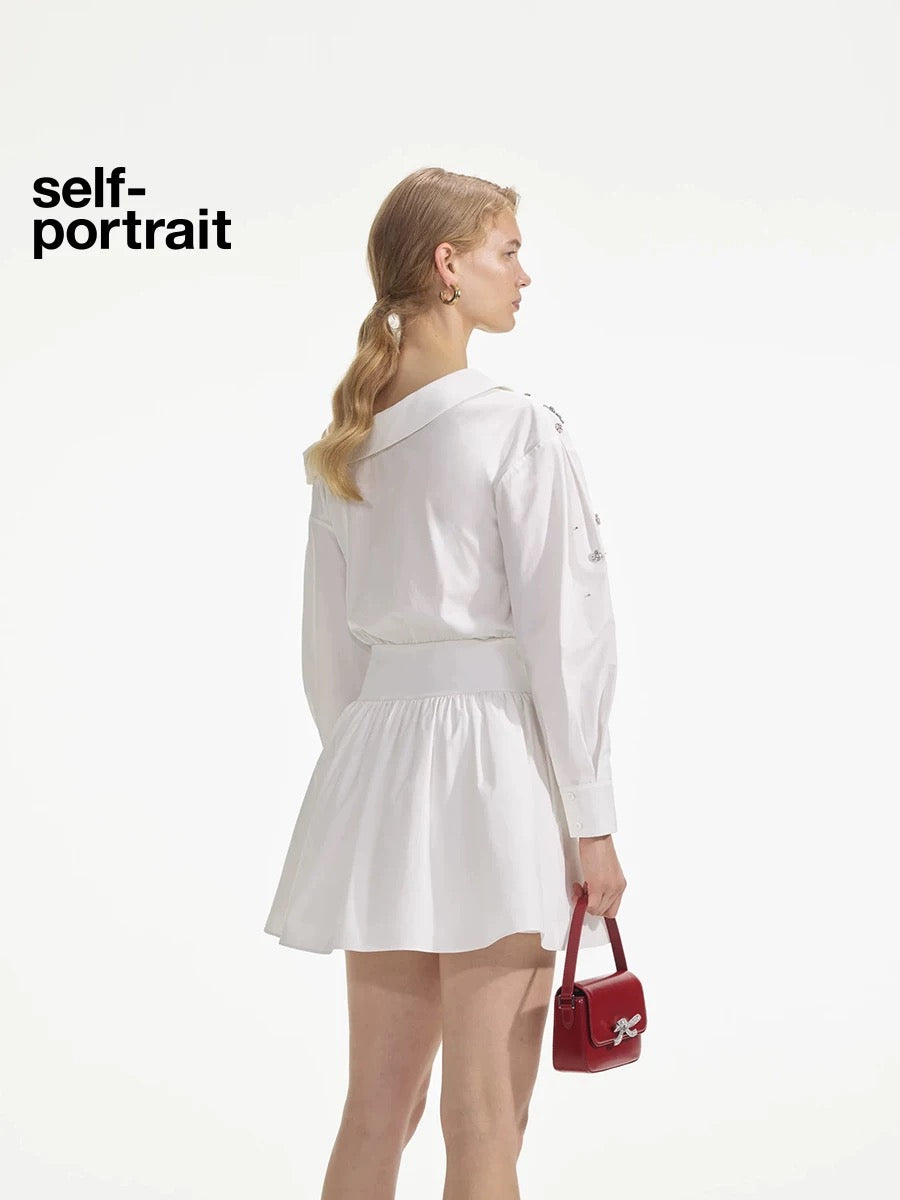 Self-Portrait SALE Pure white diamond embellished shirt dress