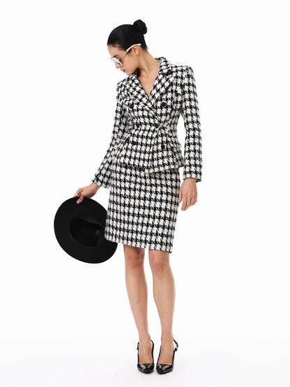 FIND YA WINGS Classic texture houndstooth woolen coat and short skirt set