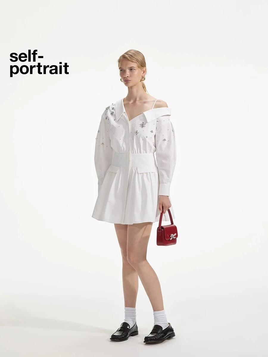 Self-Portrait SALE Pure white diamond embellished shirt dress