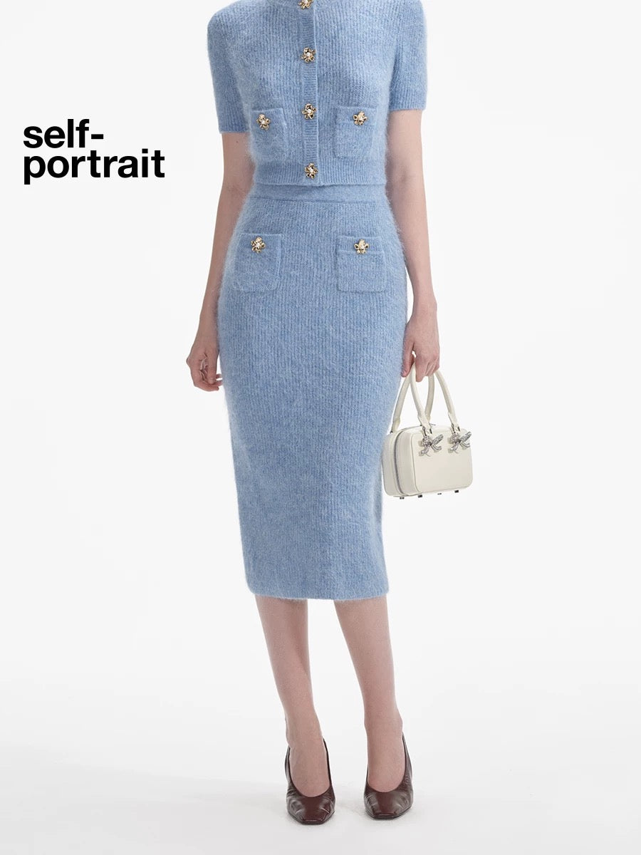 Self-Portrait SALE Mist blue knitted bodycon skirt