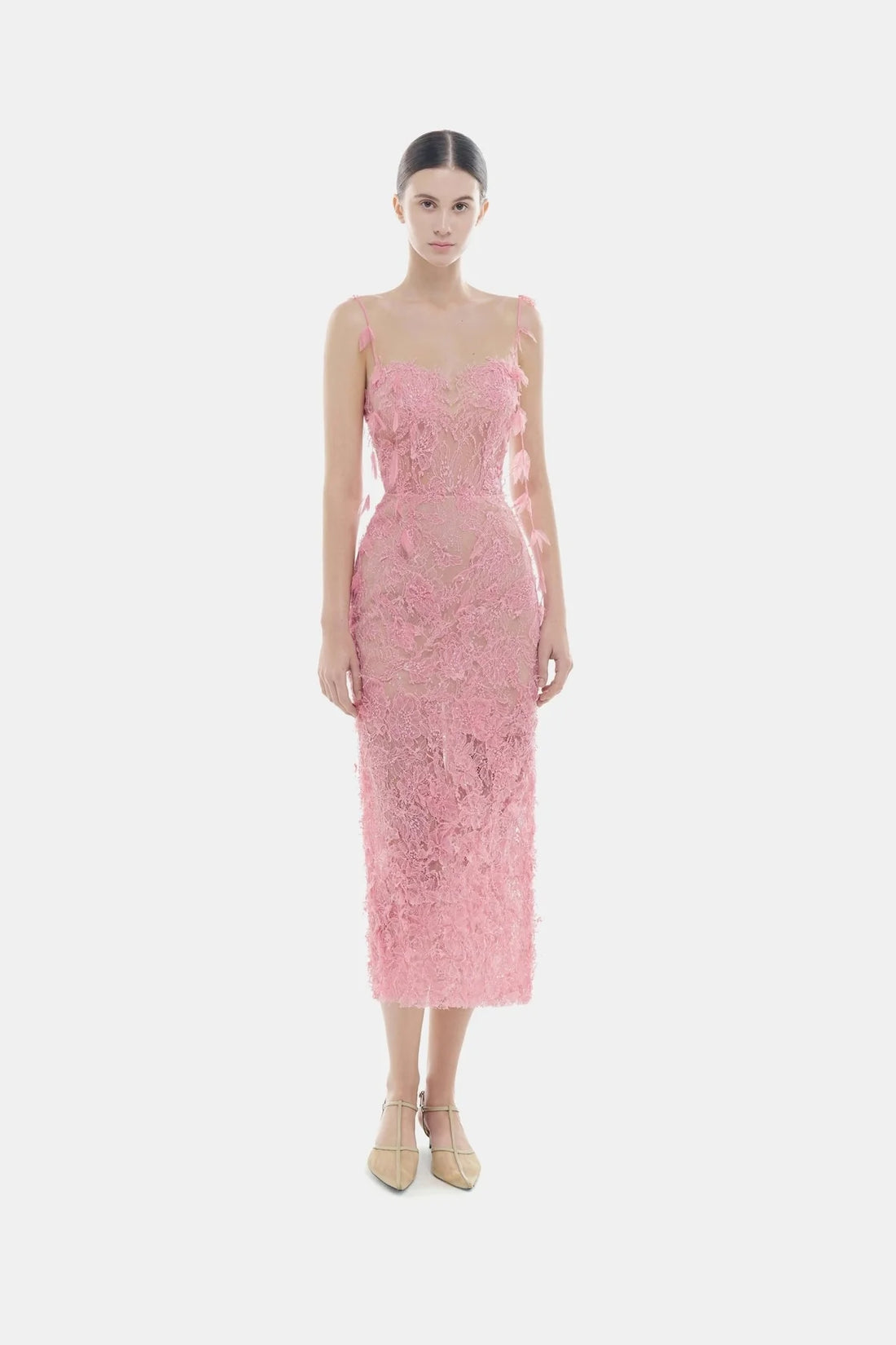 Montsand Pink Beaded Lace Pencil Dress
