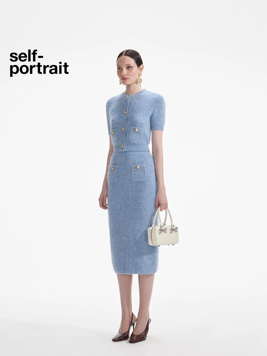 Self-Portrait SALE Mist blue knitted bodycon skirt