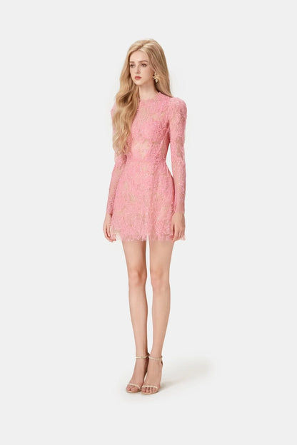 Montsand Pink Beaded Lace Mini Dress