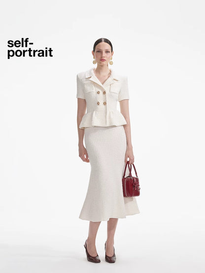 Self-Portrait SALE Ivory white waffle fake two piece knitted dress