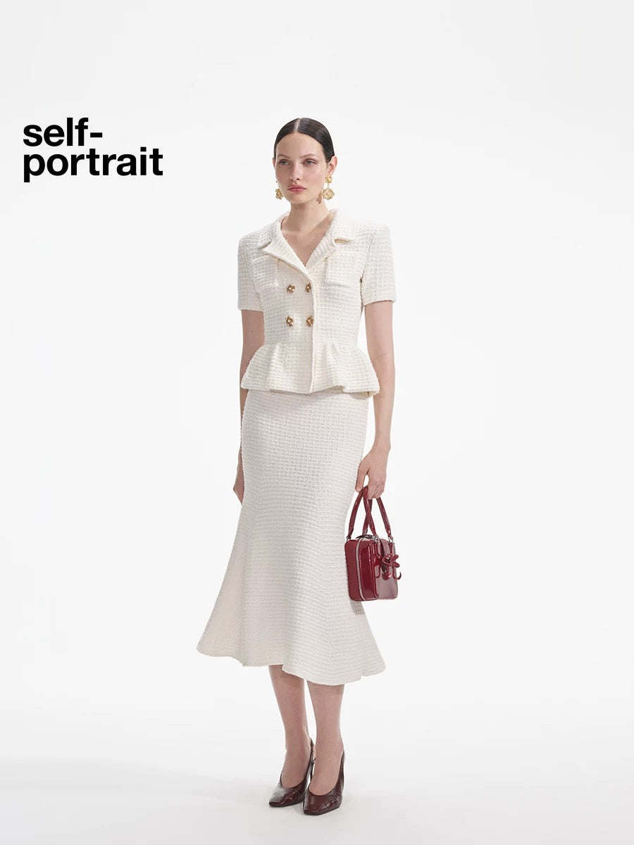 Self-Portrait SALE Ivory white waffle fake two piece knitted dress