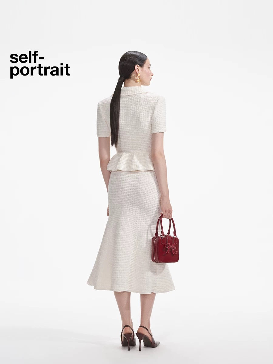 Self-Portrait SALE Ivory white waffle fake two piece knitted dress
