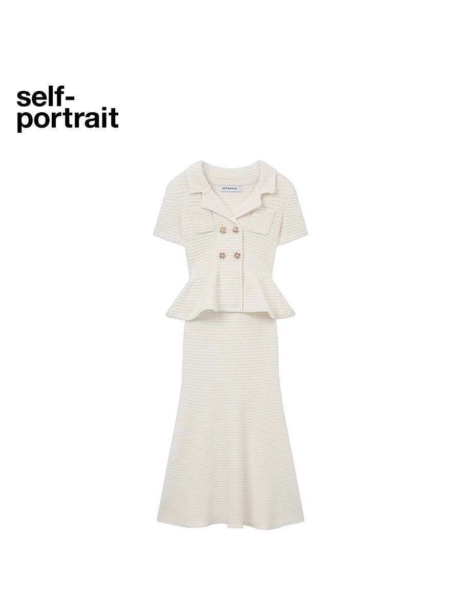 Self-Portrait SALE Ivory white waffle fake two piece knitted dress