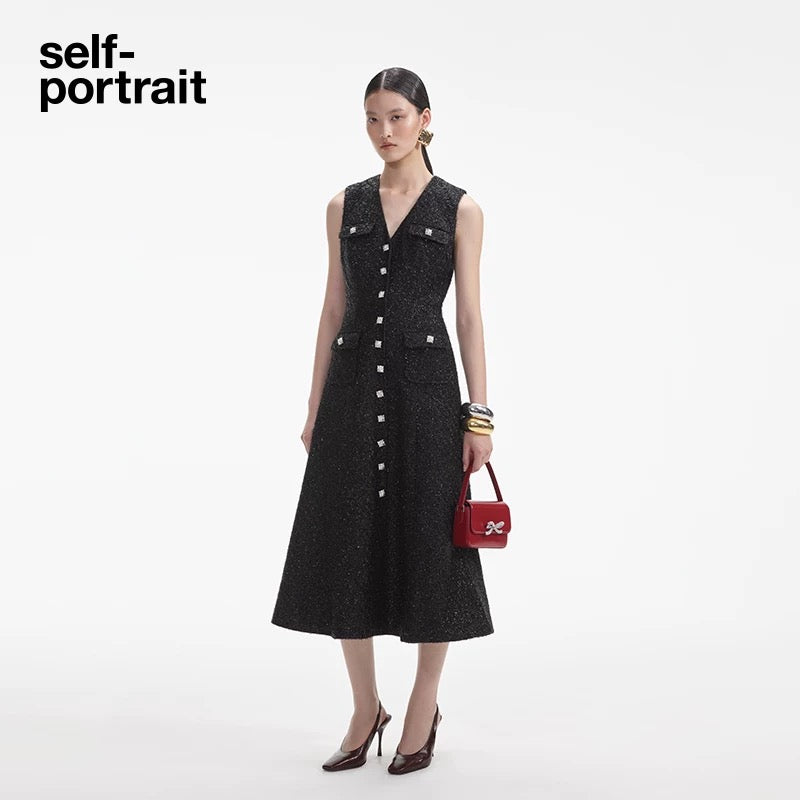 Self-Portrait SALE Classic black elegant sleeveless tweed dress