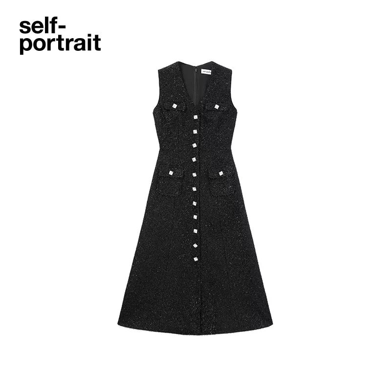 Self-Portrait SALE Classic black elegant sleeveless tweed dress
