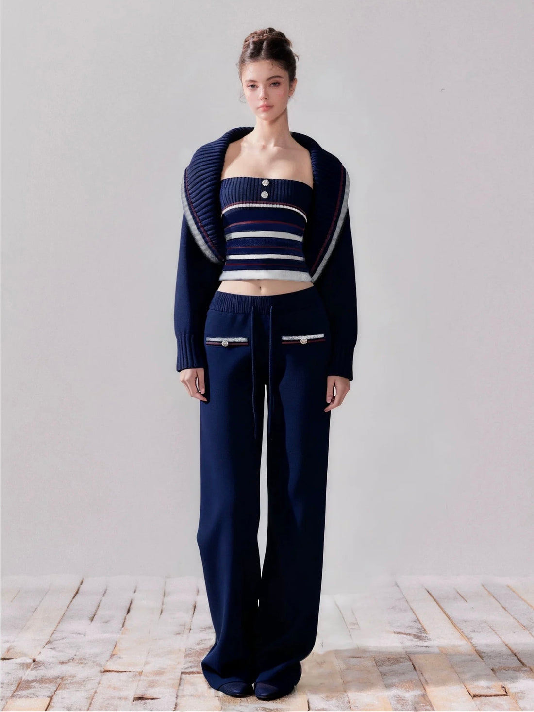 YZZI HE Lazy style striped knitted cardigan set + pants set (Blue)