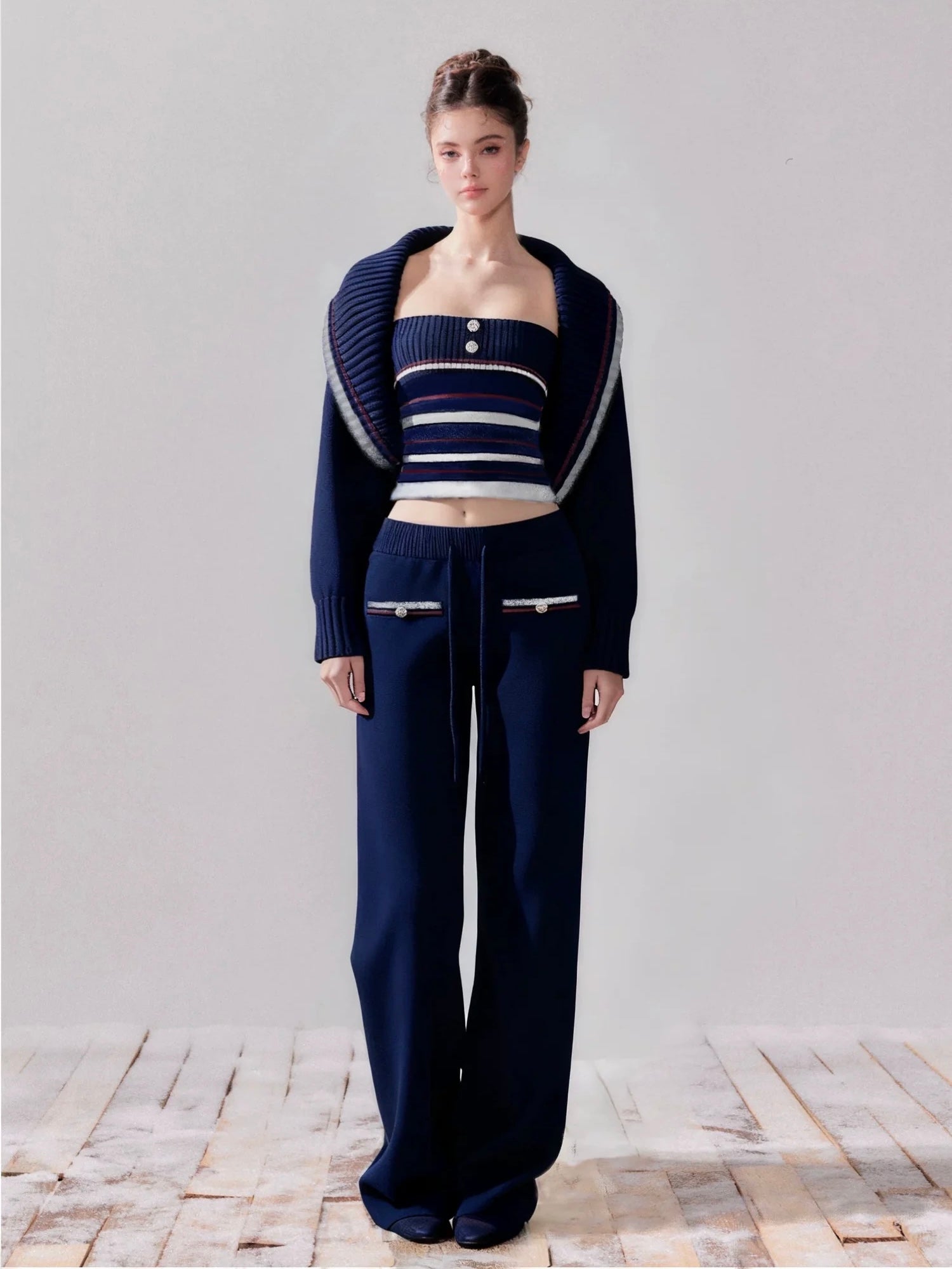 YZZI HE Lazy style striped knitted cardigan set + pants set (Blue)