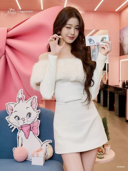 Maison Wester [Star Style] Beige plush off shoulder dress