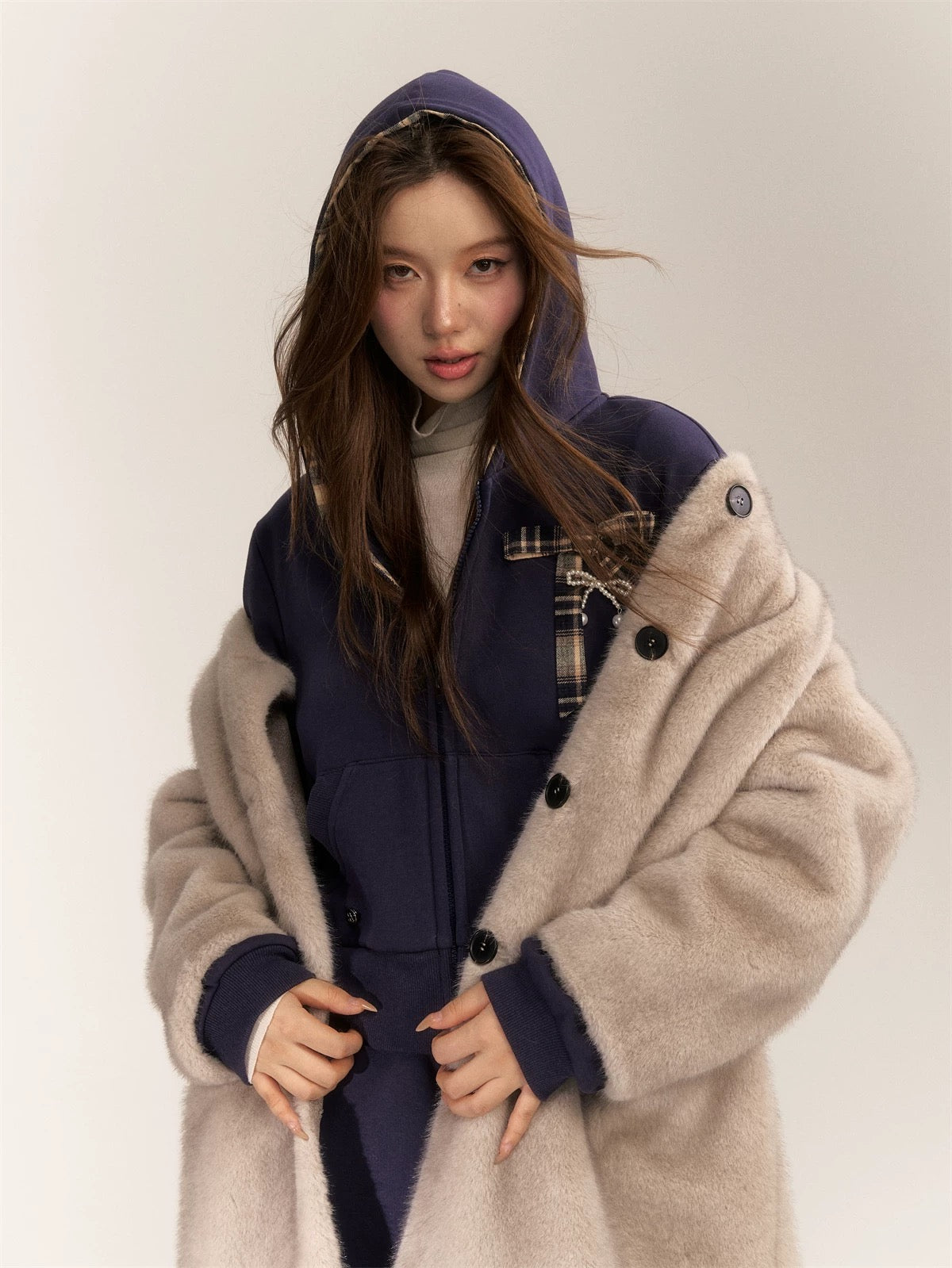 AsGony ASG24636 Single breasted fur warm coat
