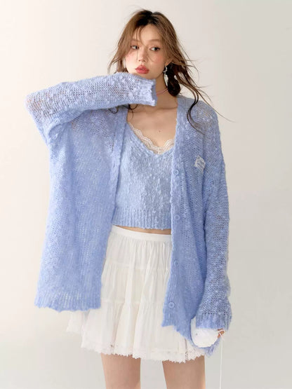 AsGony ASG24408&amp;ASG24407 Lace patchwork hollow knitted cardigan + camisole set