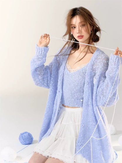 AsGony ASG24408&amp;ASG24407 Lace patchwork hollow knitted cardigan + camisole set