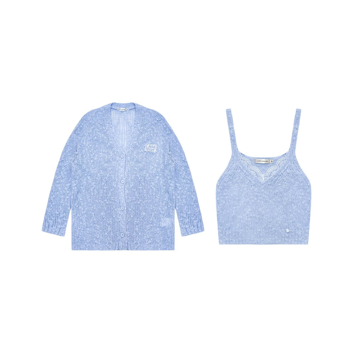 AsGony ASG24408&amp;ASG24407 Lace patchwork hollow knitted cardigan + camisole set