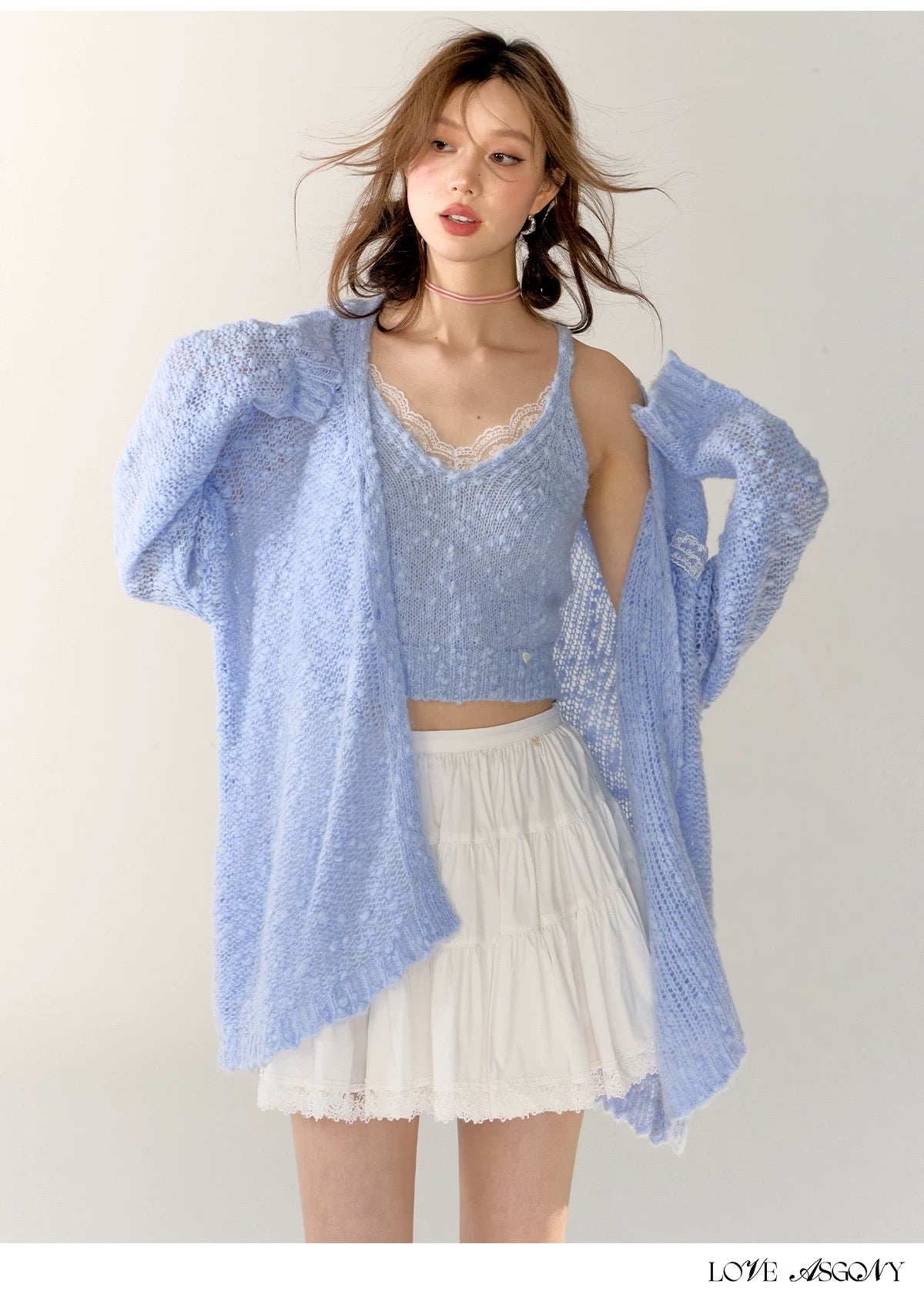 AsGony ASG24408&amp;ASG24407 Lace patchwork hollow knitted cardigan + camisole set