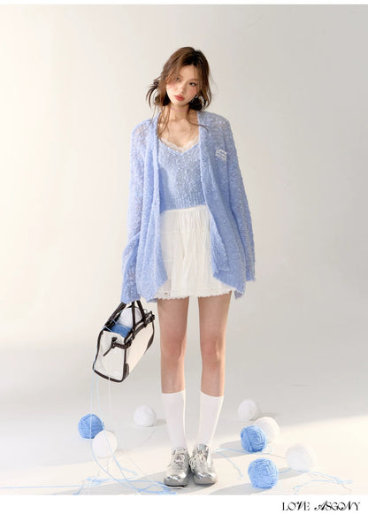 AsGony ASG24408&amp;ASG24407 Lace patchwork hollow knitted cardigan + camisole set