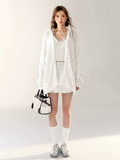 AsGony ASG24408&amp;ASG24407 Lace patchwork hollow knitted cardigan + camisole set