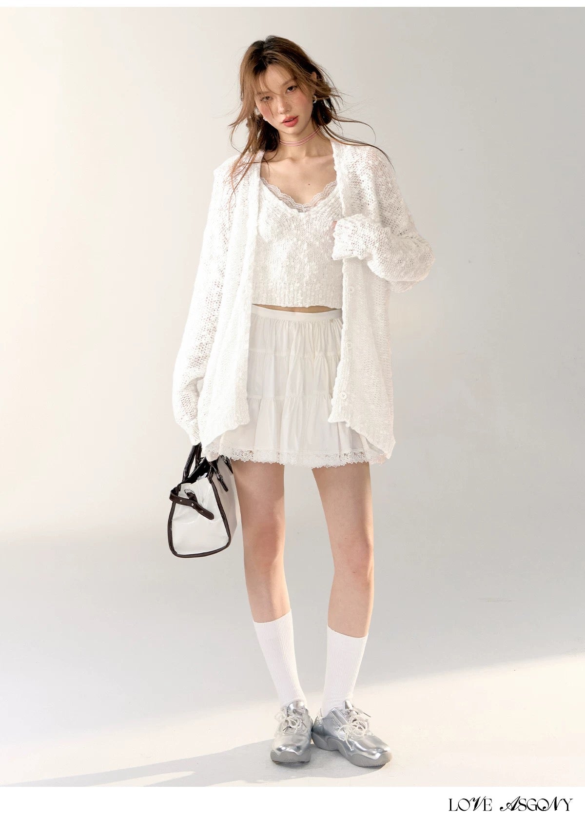 AsGony ASG24408&amp;ASG24407 Lace patchwork hollow knitted cardigan + camisole set