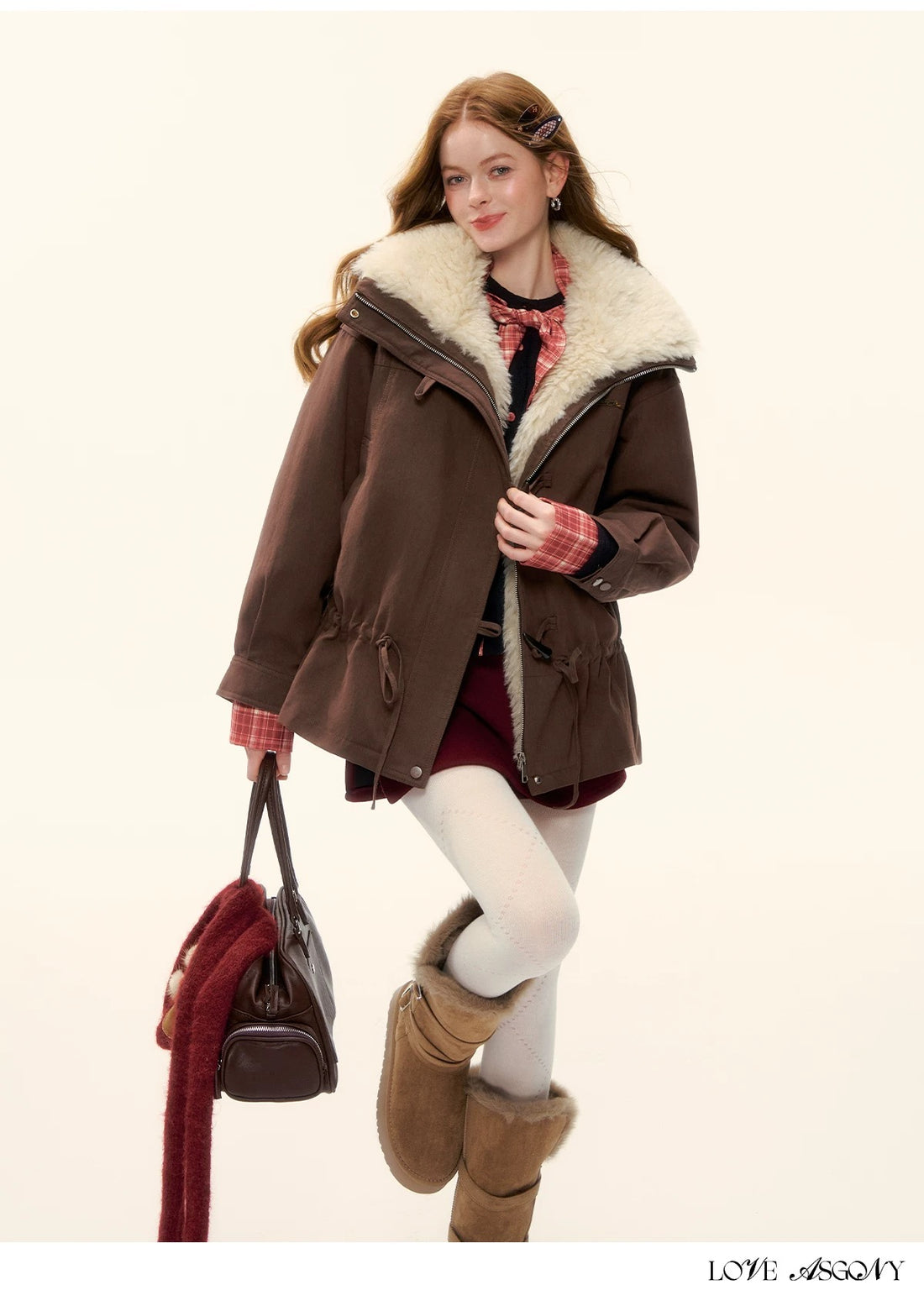 AsGony ASG25589 White duck down big suede collar jacket