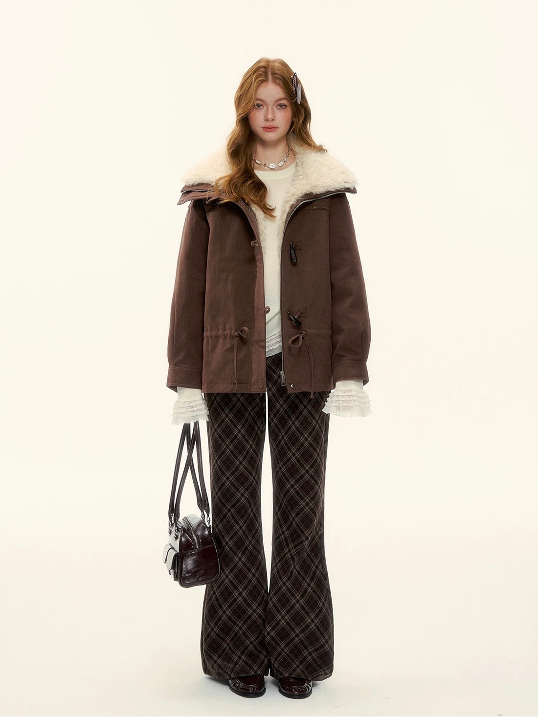 AsGony ASG25589 White duck down big suede collar jacket