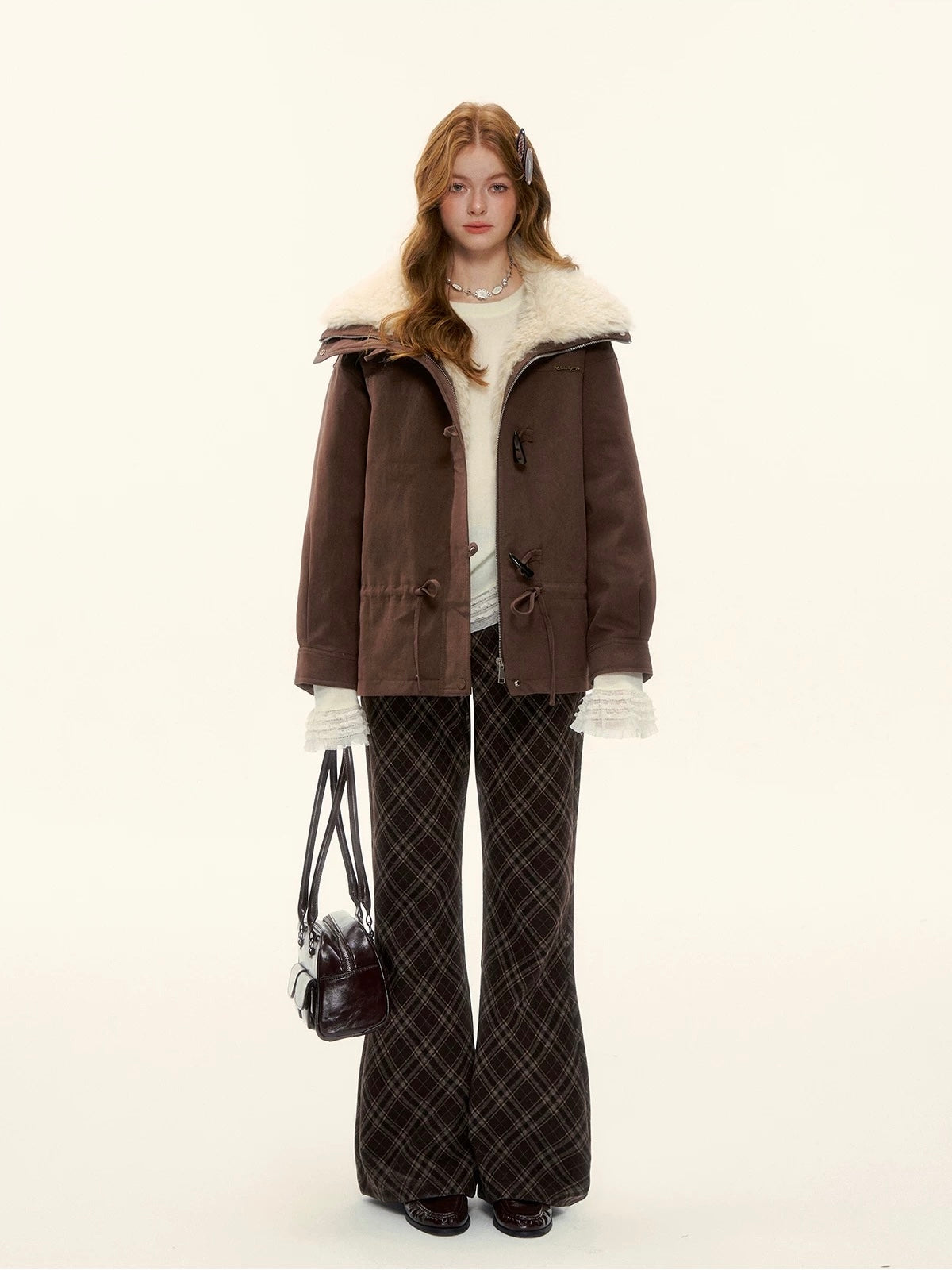 AsGony ASG25589 White duck down big suede collar jacket