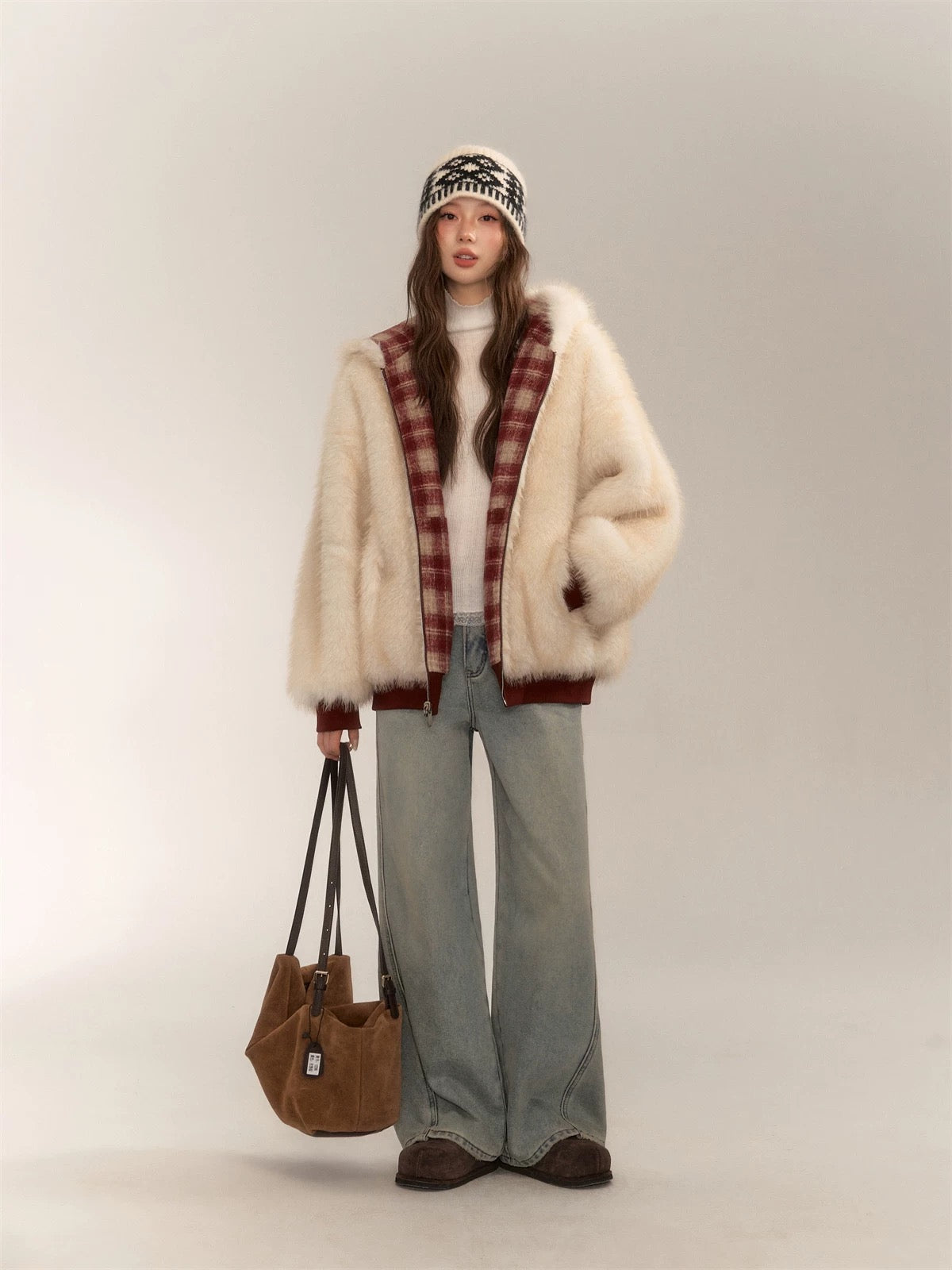 AsGony ASG24674 Double sided plaid plush jacket