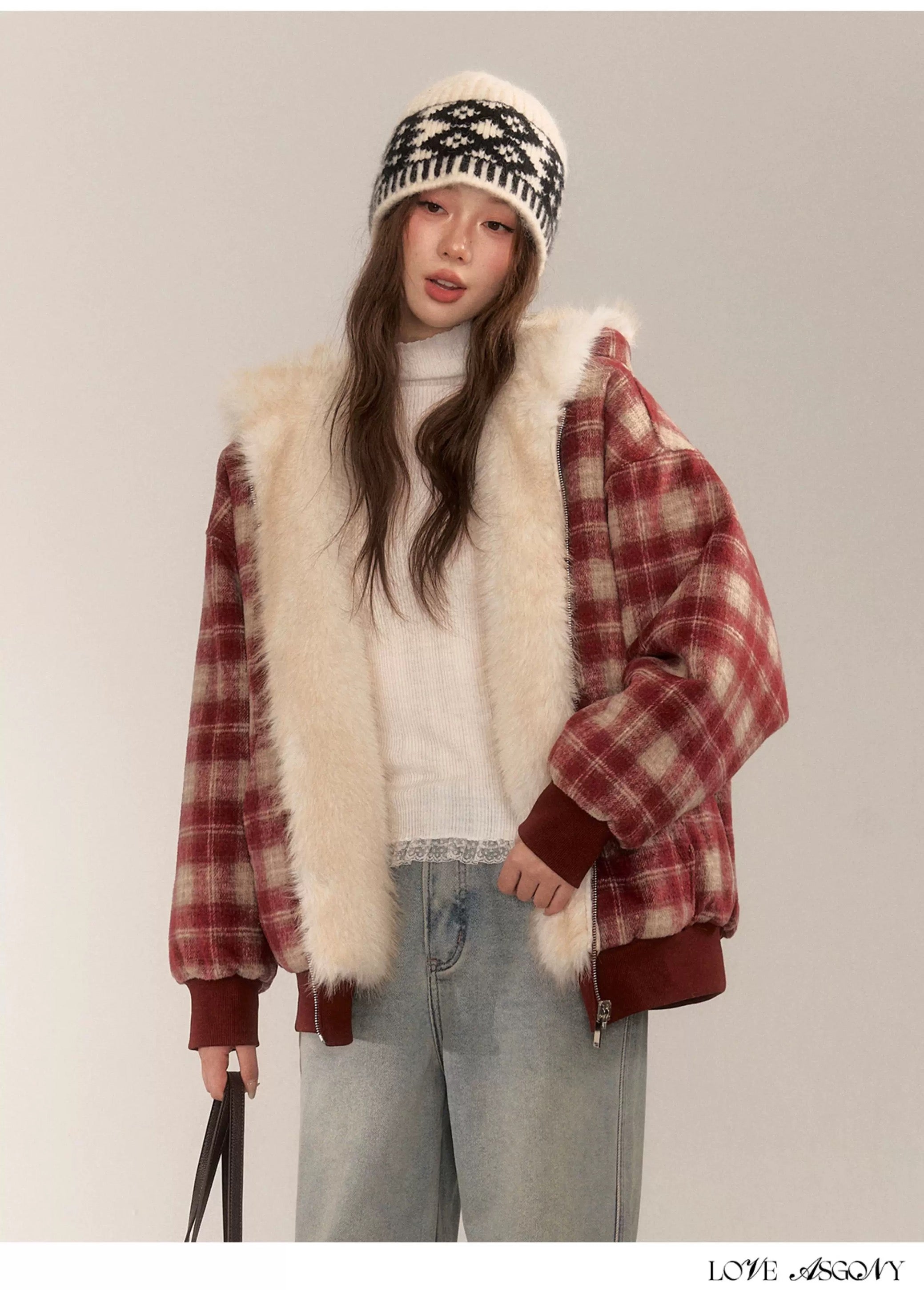 AsGony ASG24674 Double sided plaid plush jacket