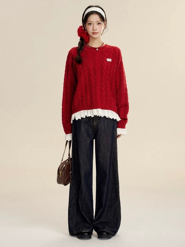 16DEWS 16D24474 Wool Knitted Lace Splicing Sweater