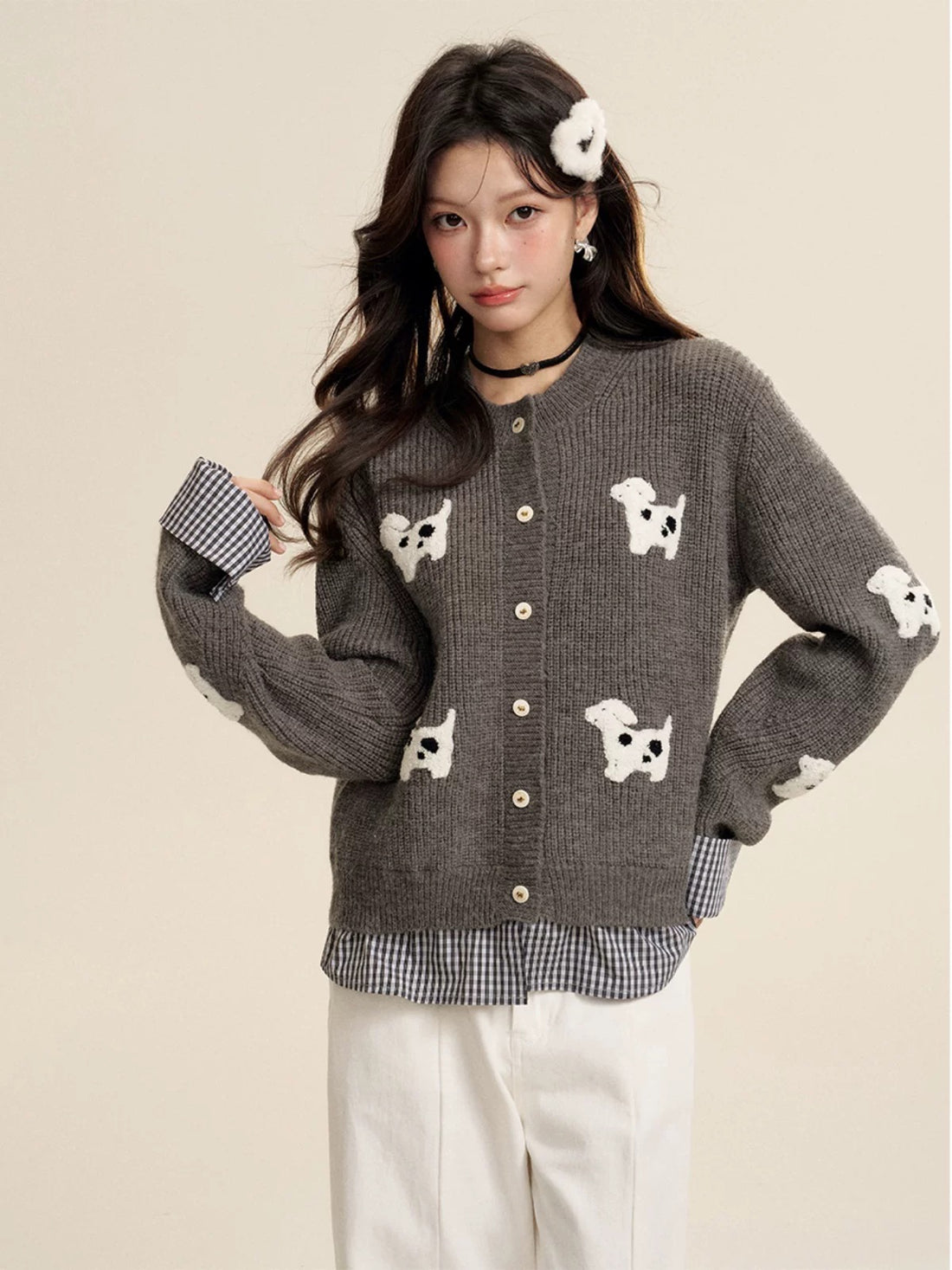 16DEWS 16D24478 Puppy embroidery spliced sweater