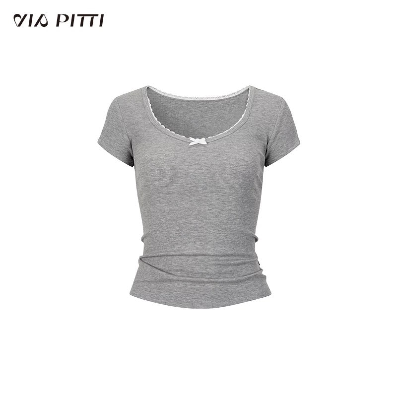 VIA PITTI VIABTP234 Lace bow short sleeved top