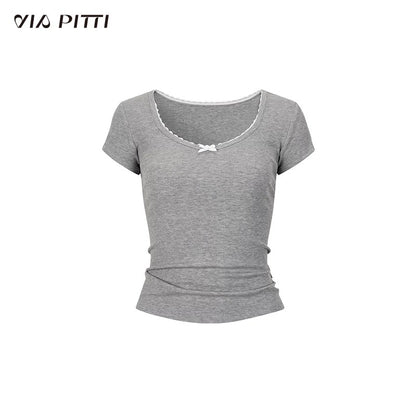 VIA PITTI VIABTP234 Lace bow short sleeved top