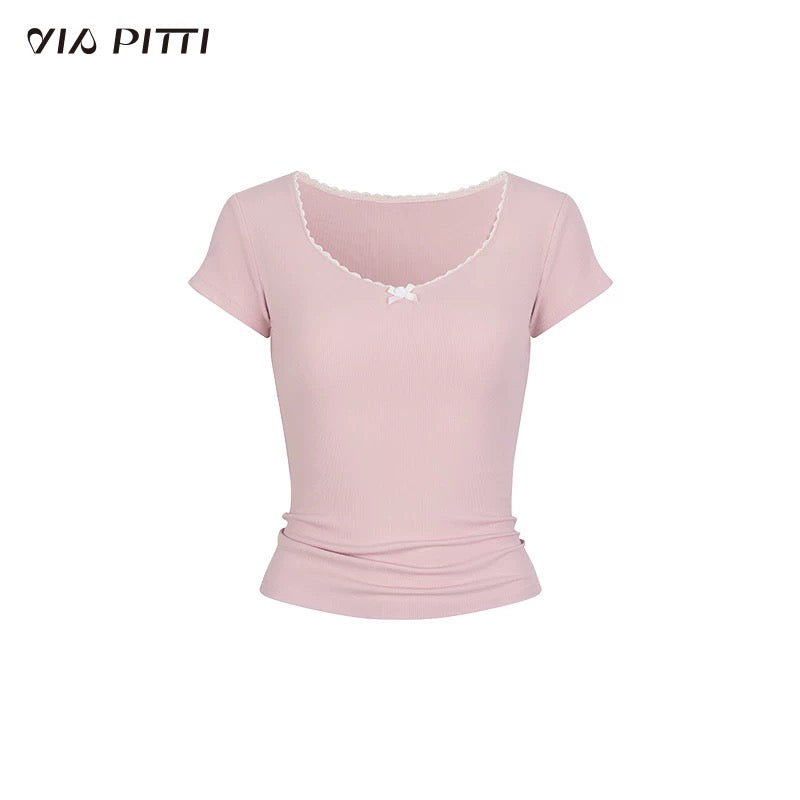 VIA PITTI VIABTP234 Lace bow short sleeved top