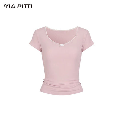 VIA PITTI VIABTP234 Lace bow short sleeved top