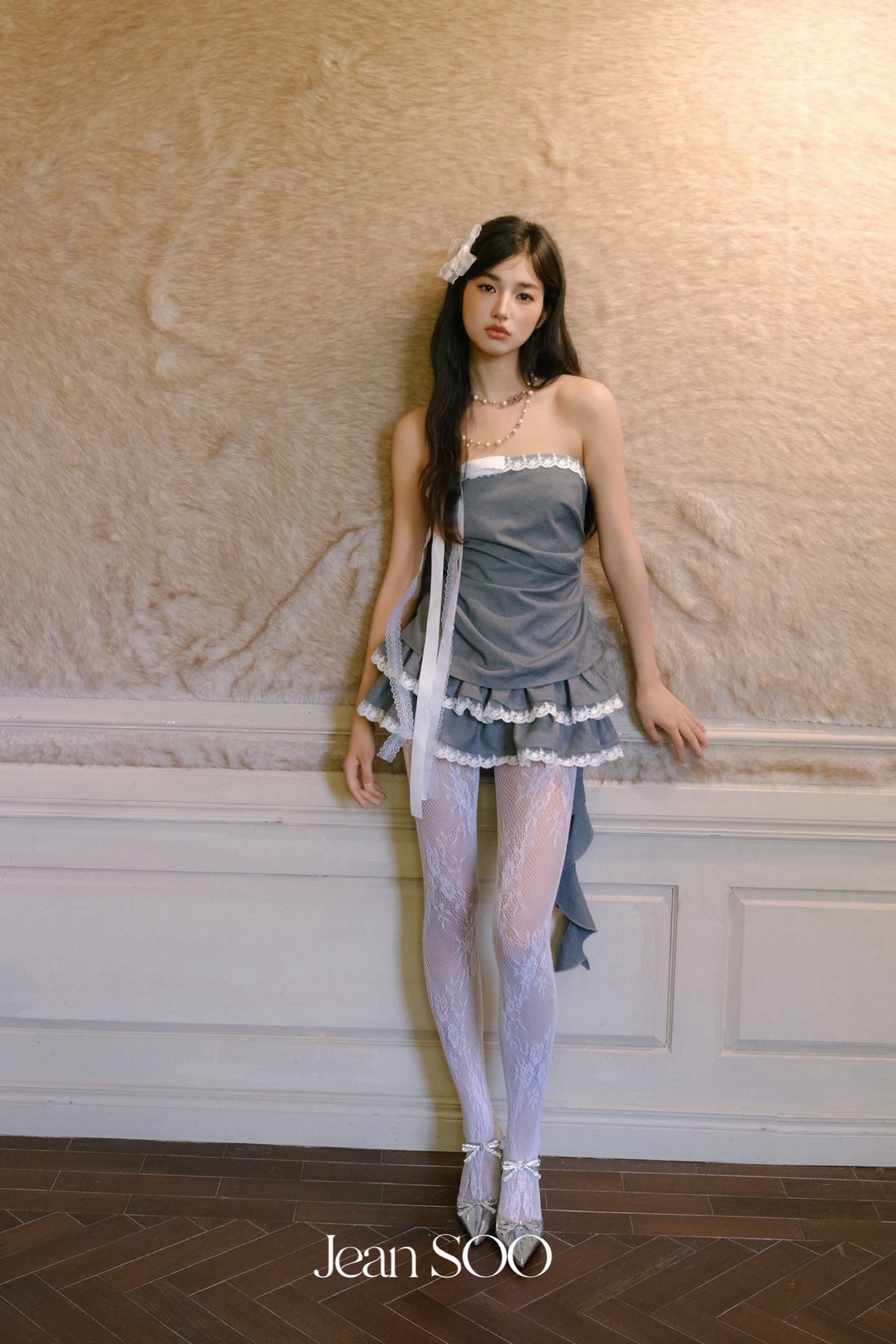 Jean Soo Lace bow strapless top + skirt set