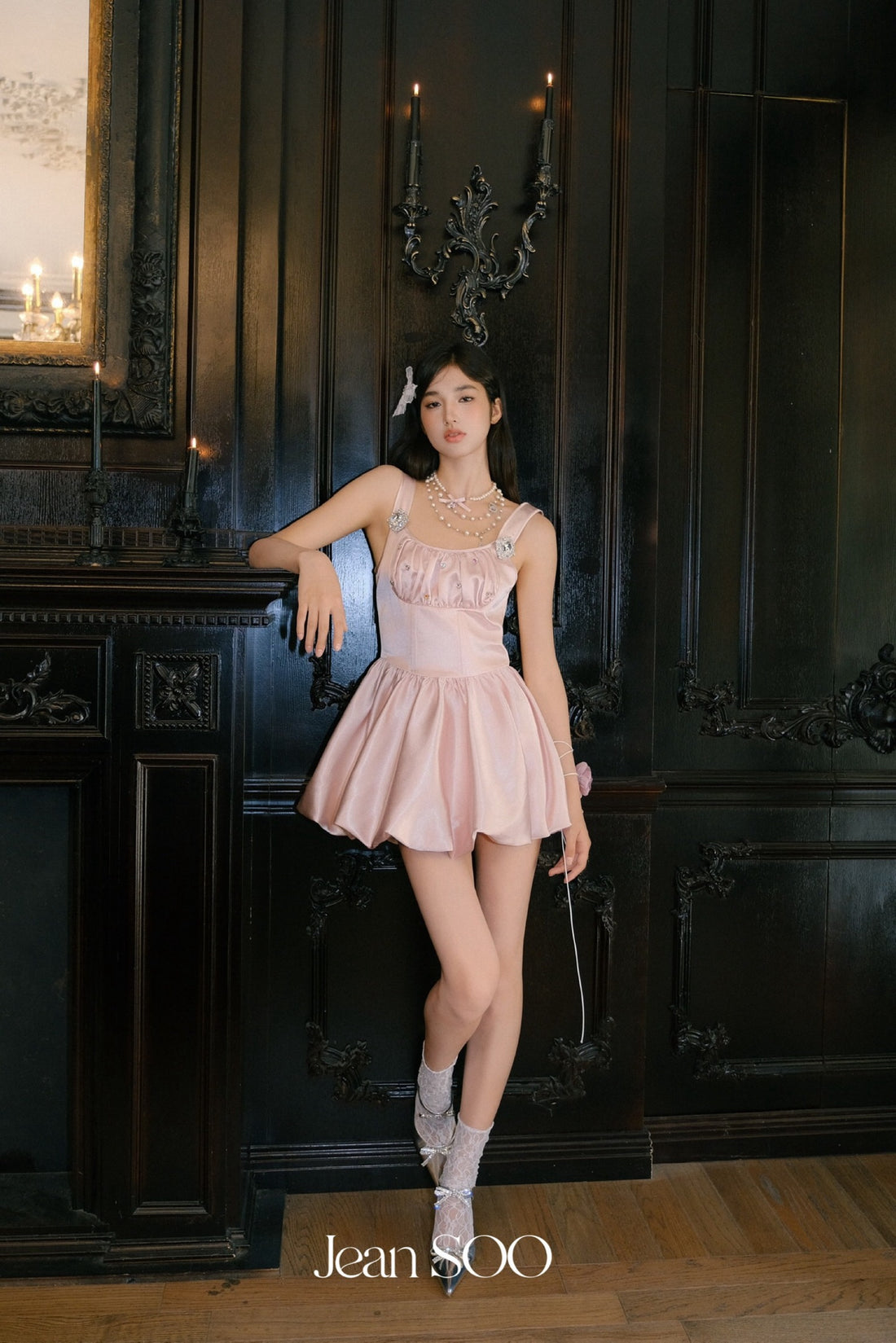 Jean Soo Peach pink diamond waist cinching fluffy dress
