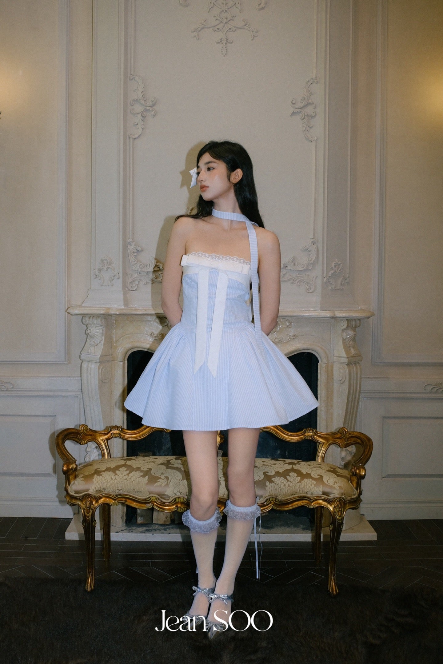 Jean Soo Mist blue patchwork bow fluffy dress