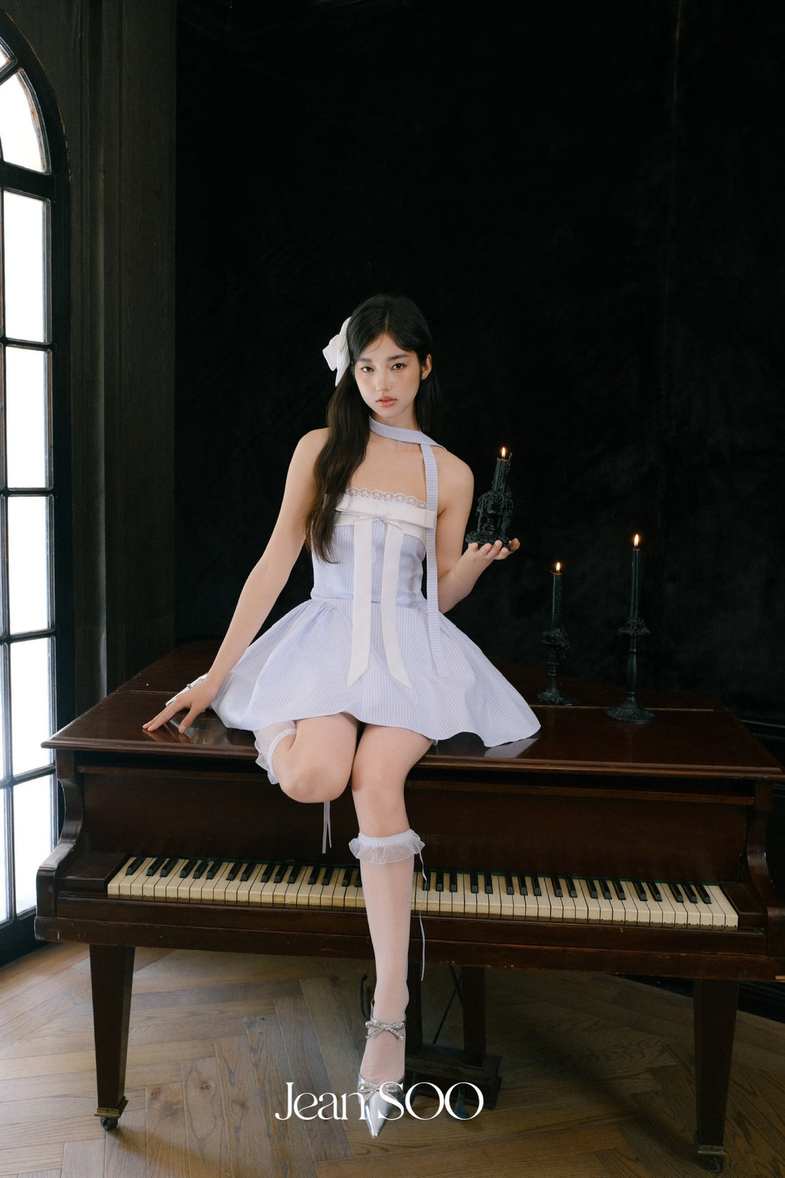 Jean Soo Mist blue patchwork bow fluffy dress