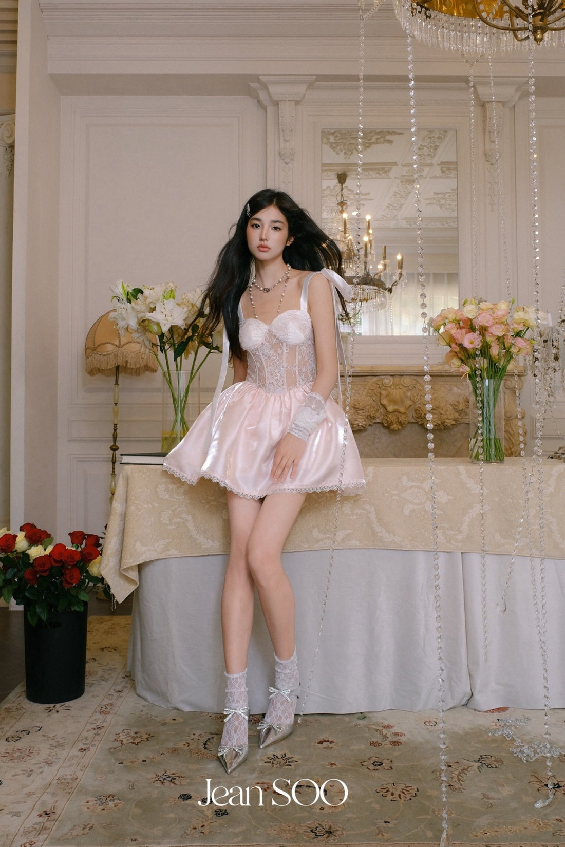 Jean Soo Fishbone waist cinching satin lace camisole dress