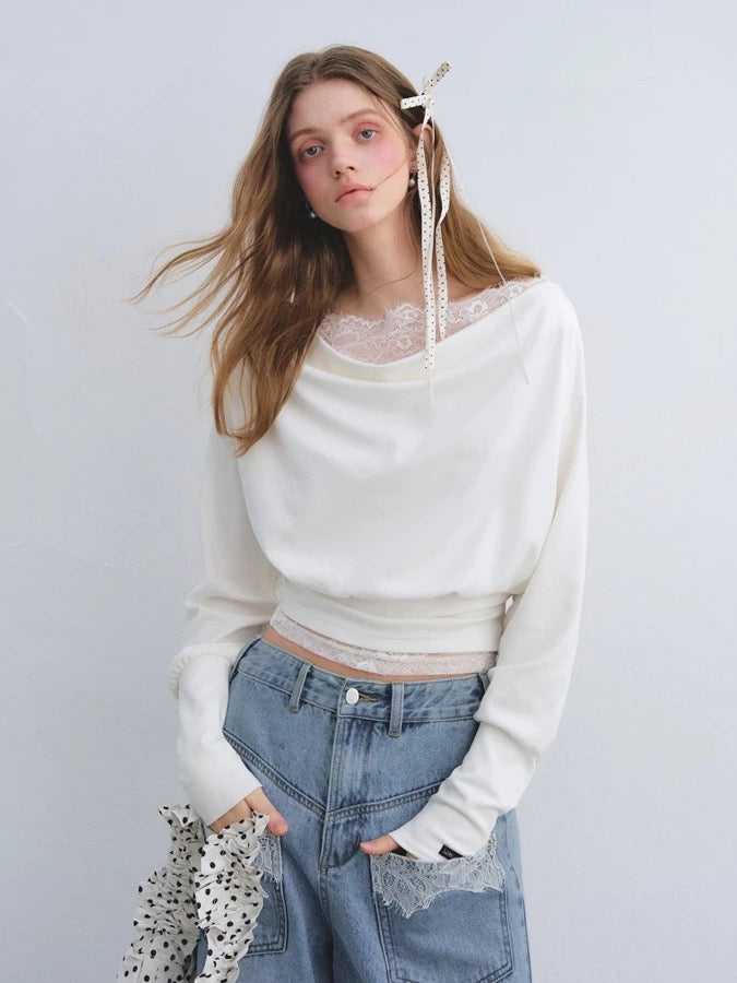 AsGony ASG25663 Off shoulder lace patchwork top