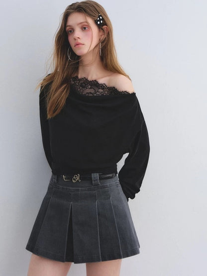 AsGony ASG25663 Off shoulder lace patchwork top